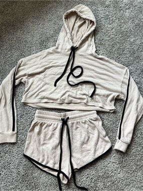 painted threads Beige Cropped Hoodie with Black Trim